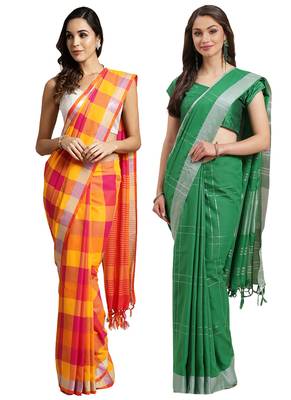 Multicolor woven blended cotton saree with blouse 1