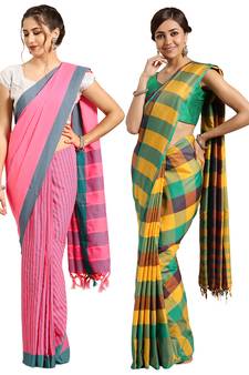 Multicolor woven blended cotton saree with blouse