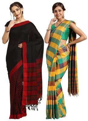 Multicolor woven blended cotton saree with blouse 1