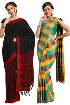 Multicolor woven blended cotton saree with blouse