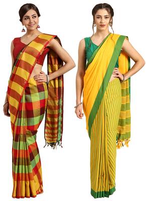 Multicolor woven blended cotton saree with blouse 1
