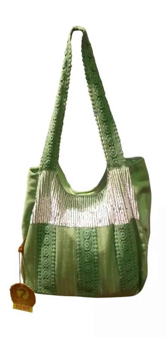 Luscious Green Colour Sequined Jhola Bag