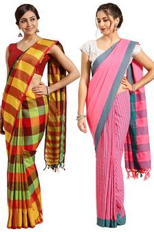 Multicolor woven blended cotton saree with blouse