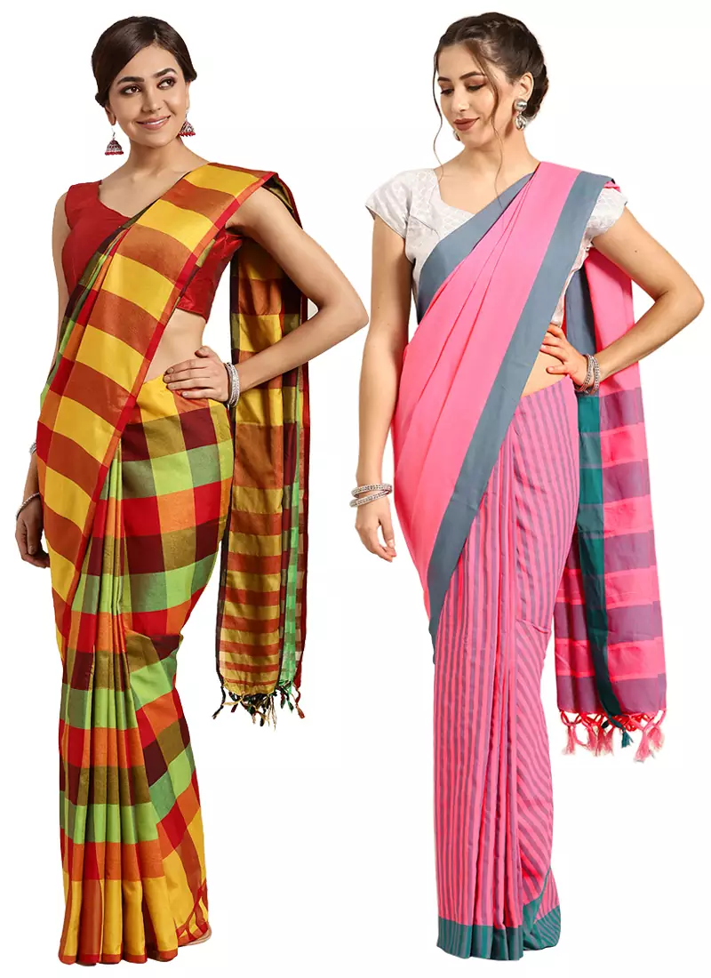 Multicolor woven blended cotton saree with blouse