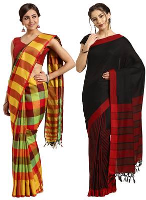 Multicolor woven blended cotton saree with blouse 1