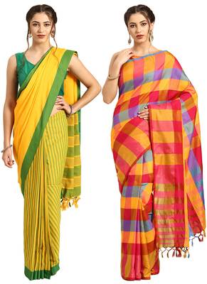 Multicolor woven blended cotton saree with blouse 1