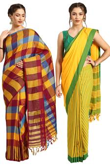Multicolor woven blended cotton saree with blouse