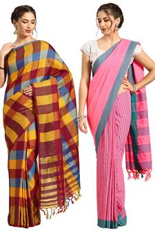 Multicolor woven blended cotton saree with blouse