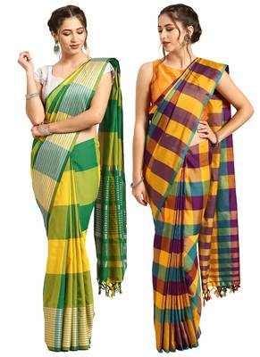 Multicolor woven blended cotton saree with blouse 1