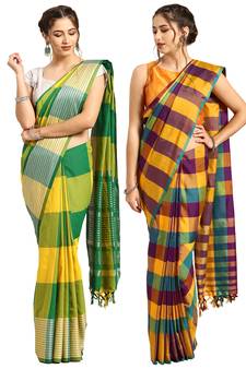 Multicolor woven blended cotton saree with blouse