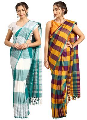 Multicolor woven blended cotton saree with blouse 1