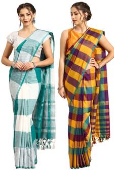 Multicolor woven blended cotton saree with blouse