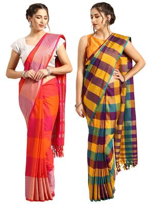 Multicolor woven blended cotton saree with blouse 1