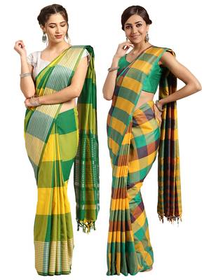 Multicolor woven blended cotton saree with blouse 1