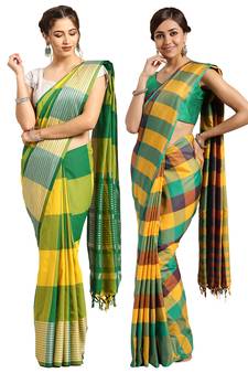 Multicolor woven blended cotton saree with blouse