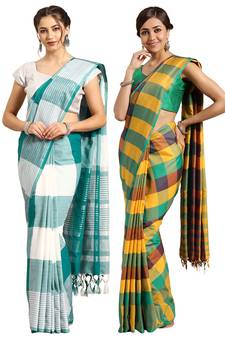 Multicolor woven blended cotton saree with blouse