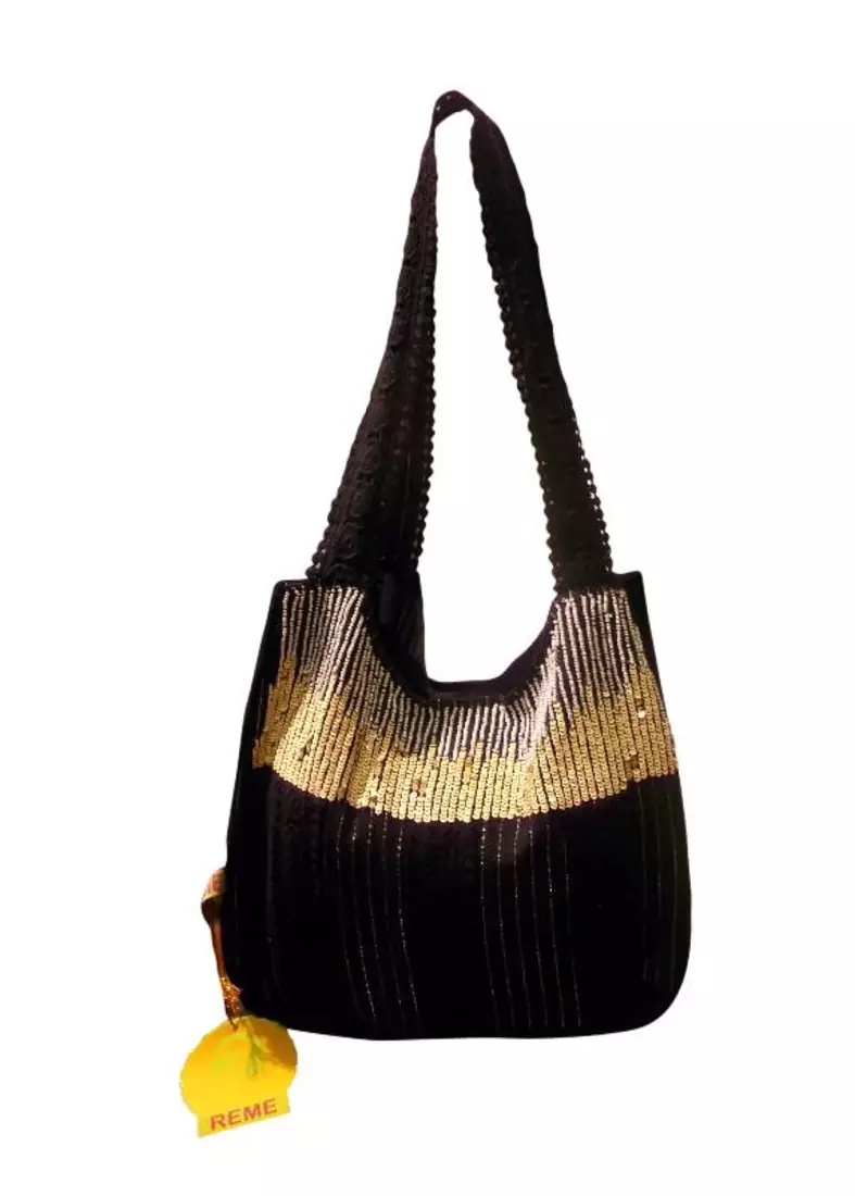 Luscious Black Colour Sequined Jhola Bag
