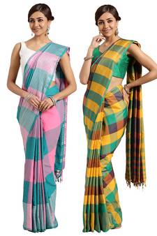Multicolor woven blended cotton saree with blouse