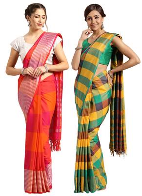 Multicolor woven blended cotton saree with blouse 1