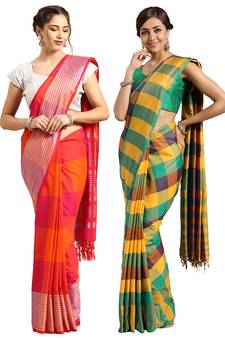 Multicolor woven blended cotton saree with blouse