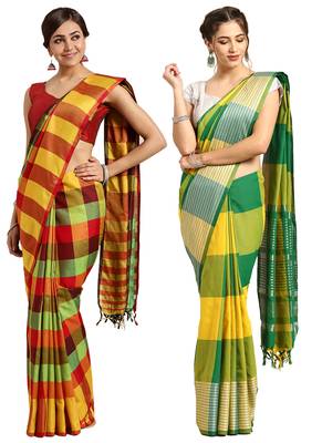 Multicolor woven blended cotton saree with blouse 1
