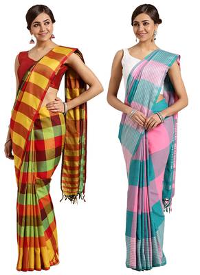 Multicolor woven blended cotton saree with blouse 1