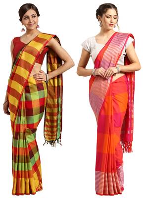 Multicolor woven blended cotton saree with blouse 1