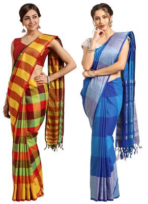 Multicolor woven blended cotton saree with blouse 1