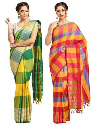 Multicolor woven blended cotton saree with blouse 1