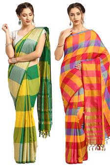 Multicolor woven blended cotton saree with blouse