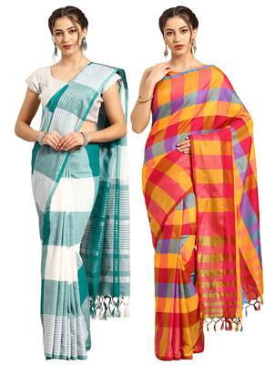 Multicolor woven blended cotton saree with blouse 1