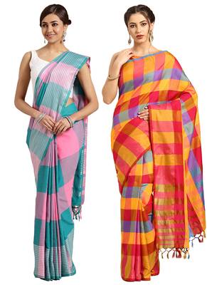 Multicolor woven blended cotton saree with blouse 1