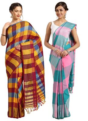 Multicolor woven blended cotton saree with blouse 1