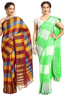 Multicolor woven blended cotton saree with blouse
