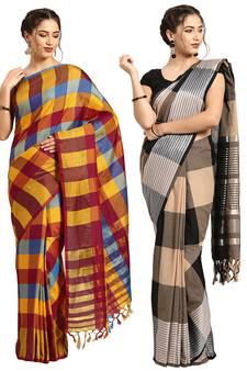 Multicolor woven blended cotton saree with blouse