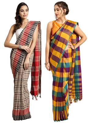 Multicolor woven blended cotton saree with blouse 1