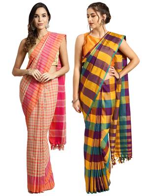 Multicolor woven blended cotton saree with blouse 1