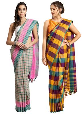 Multicolor woven blended cotton saree with blouse 1