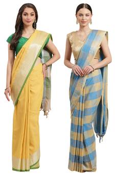 Multicolor woven blended cotton saree with blouse