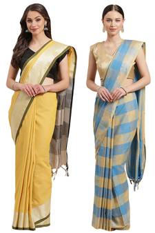 Multicolor woven blended cotton saree with blouse