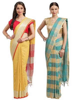 Multicolor woven blended cotton saree with blouse 1