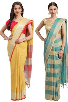 Multicolor woven blended cotton saree with blouse