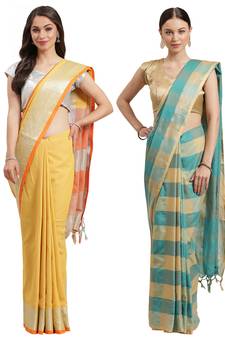 Multicolor woven blended cotton saree with blouse