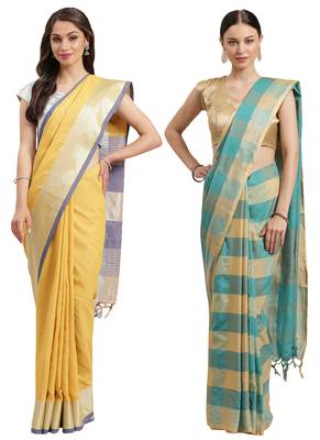 Multicolor woven blended cotton saree with blouse 1