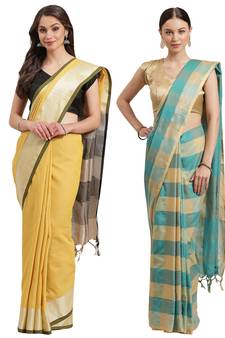 Multicolor woven blended cotton saree with blouse