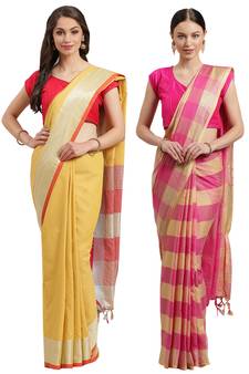 Multicolor woven blended cotton saree with blouse