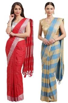 Multicolor woven blended cotton saree with blouse