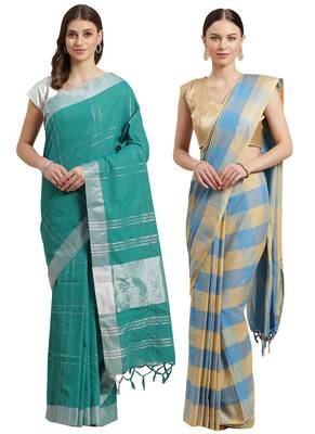 Multicolor woven blended cotton saree with blouse 1