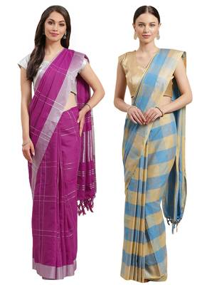 Multicolor woven blended cotton saree with blouse 1