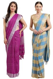 Multicolor woven blended cotton saree with blouse